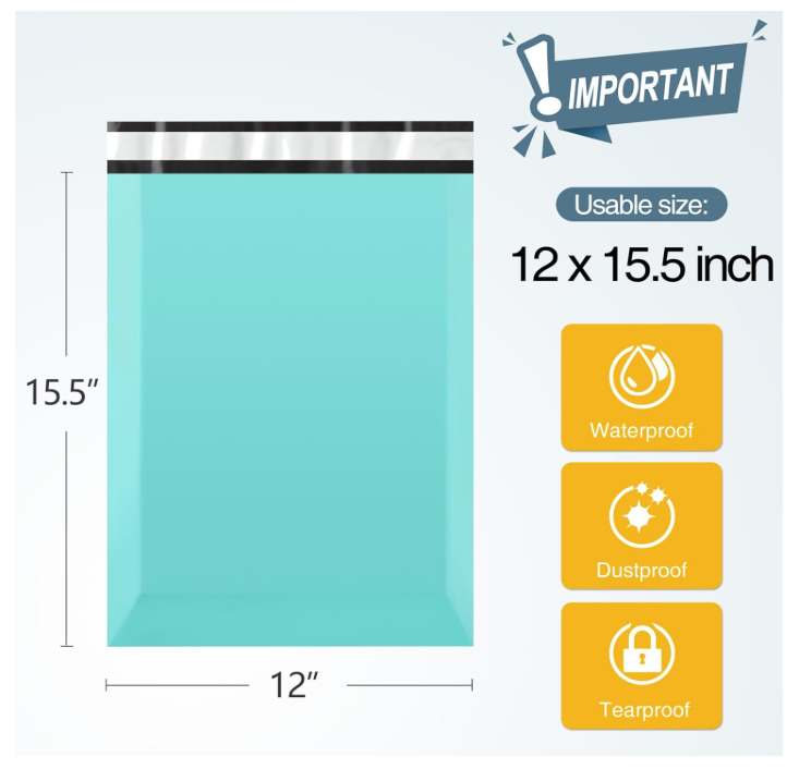 Turquoise Poly Mailers – Empaque de Envío con Cierre Adhesivo | Shipping Bags Bonitas para Negocios, Ropa y Accesorios (Paquete de 50/100)
